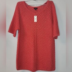 New Talbots Red Metallic 1/2 Sleeve Cotton Blend Pullover Sweater Top Sz. Large